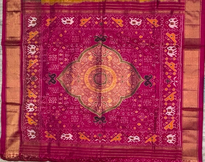 Authentic Pure Ikkat Silk Saree in Yellow &amp; Magenta with Traditional Motifs
