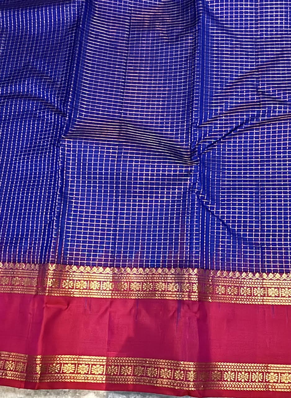 Blue Kanchi Silk Saree with Red zari Checks Pallu &amp; Blouse
