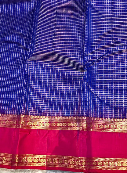Blue Kanchi Silk Saree with Red zari Checks Pallu &amp; Blouse