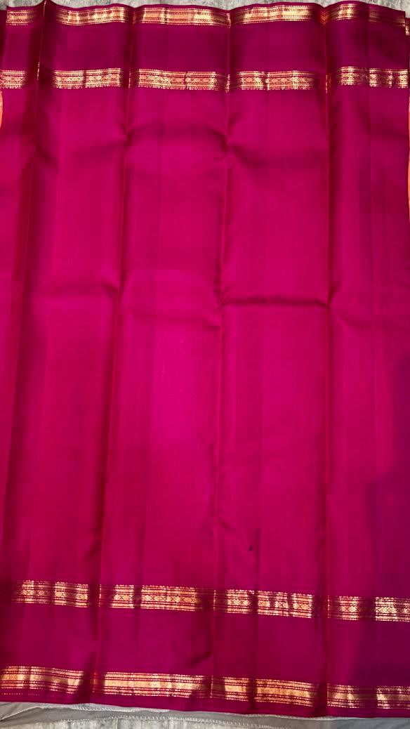 Authentic Orange Kanchipuram Silk Saree with Contrast Pink Zari Border - pochampallysarees.com