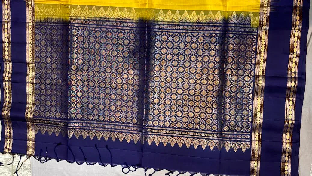 Yellow &amp; Navy Blue Pure Kanchipuram Pattu Saree With Price