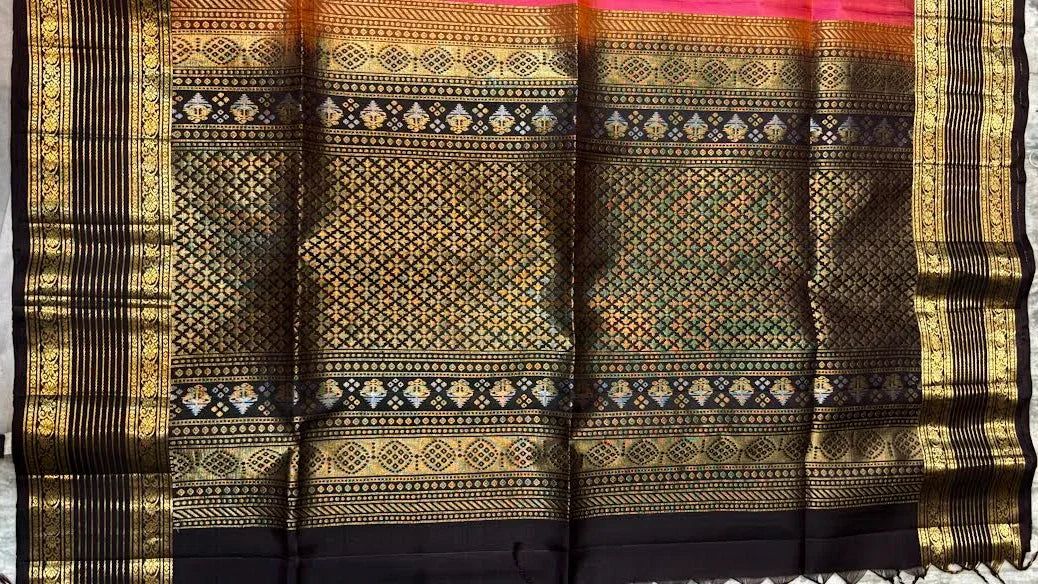 Authentic Pure Kanchipuram Pattu Saree With Price | Pink &amp; Black Silk - pochampallysarees.com