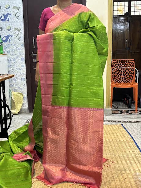 Kanchi Soft Silk Saree in Vibrant Green with Contrast Pink Zari Border