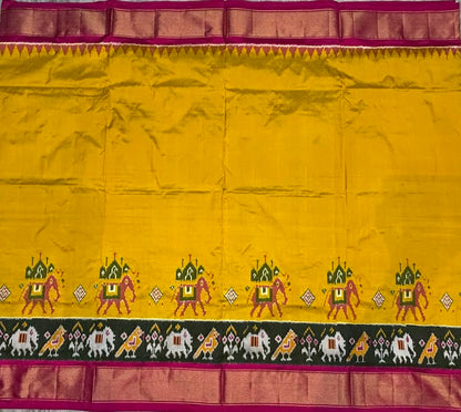 Authentic Pure Ikkat Silk Saree in Yellow &amp; Magenta with Traditional Motifs
