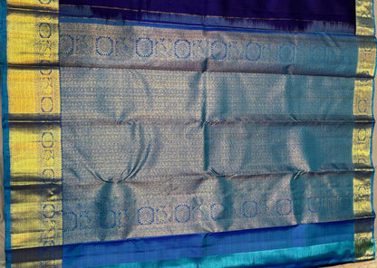Royal Blue Pure Kanchipuram Silk Saree with Sky Blue Zari Pallu | Handwoven Kanchi Pattu - pochampallysarees.com