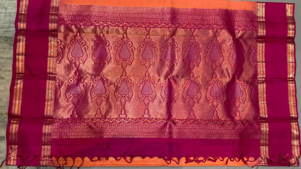 Authentic Orange Kanchipuram Silk Saree with Contrast Pink Zari Border - pochampallysarees.com