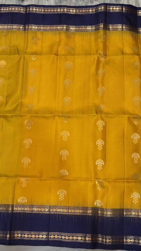 Yellow &amp; Navy Blue Pure Kanchipuram Pattu Saree With Price