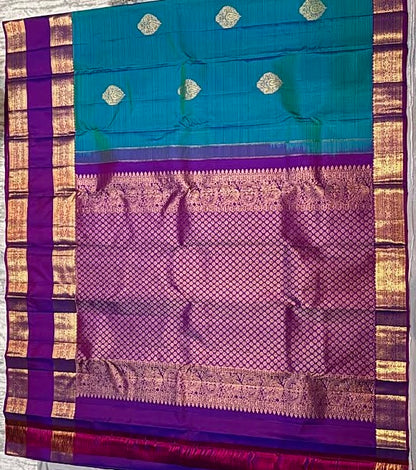 Pure Kanchipuram Pattu Saree in Teal Blue with Royal Purple Zari Pallu