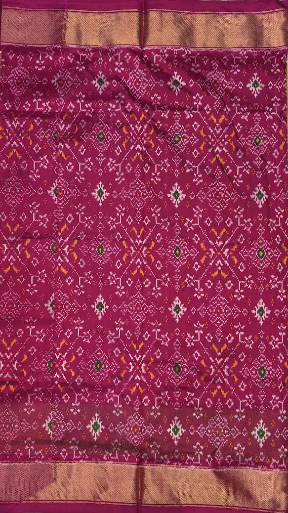 Authentic Pure Ikkat Silk Saree in Yellow &amp; Magenta with Traditional Motifs