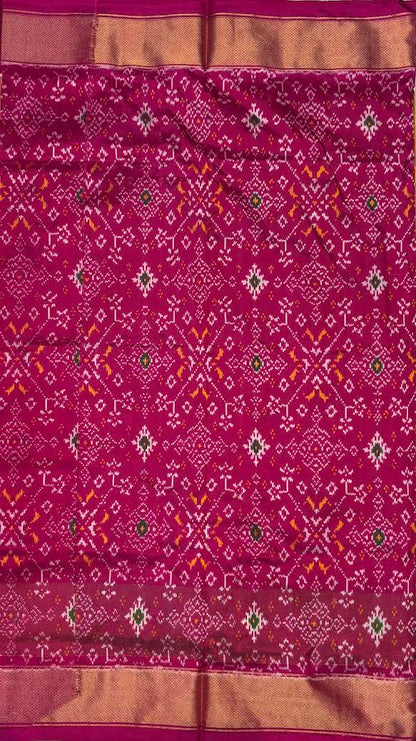 Authentic Pure Ikkat Silk Saree in Yellow &amp; Magenta with Traditional Motifs