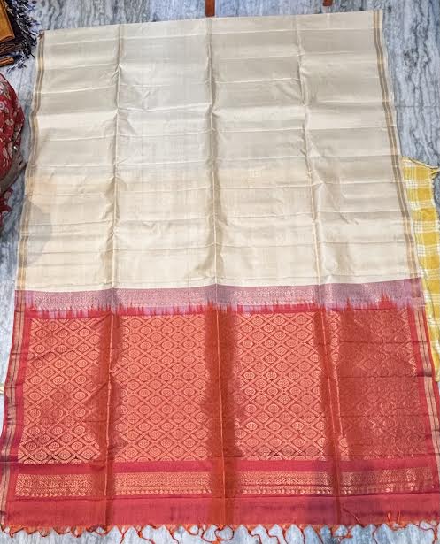 Kanchi Soft Silk Cream Saree with Contrast Red Gold Zari Brocade Pallu