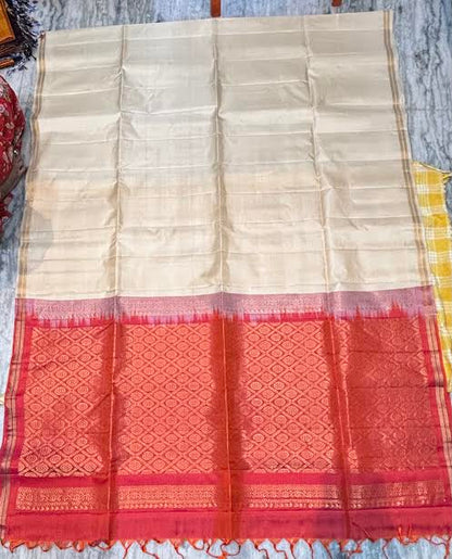 Kanchi Soft Silk Cream Saree with Contrast Red Gold Zari Brocade Pallu