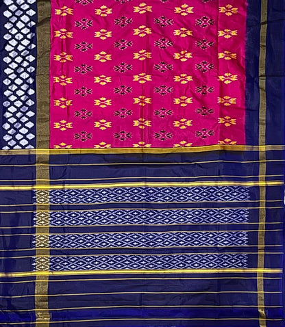 Vibrant Magenta Pink &amp; Navy Blue Pure Ikkat Silk Saree with Geometric Motifs