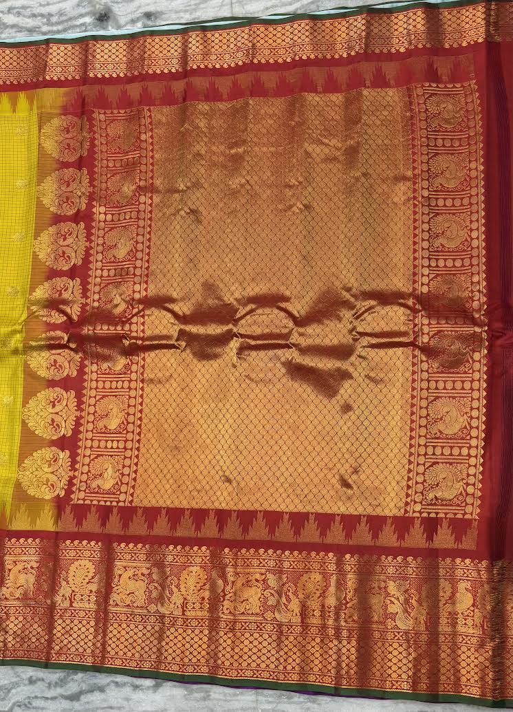 Pure Gadwal Silk Saree in Mustard Yellow Checks with Rich Red Zari Border - pochampallysarees.com