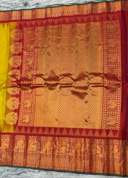 Pure Gadwal Silk Saree in Mustard Yellow Checks with Rich Red Zari Border - pochampallysarees.com