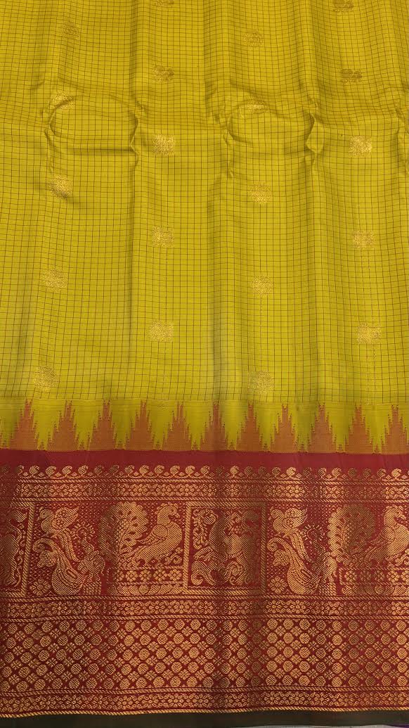 Pure Gadwal Silk Saree in Mustard Yellow Checks with Rich Red Zari Border - pochampallysarees.com