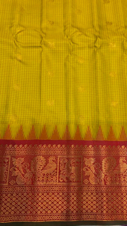 Pure Gadwal Silk Saree in Mustard Yellow Checks with Rich Red Zari Border - pochampallysarees.com