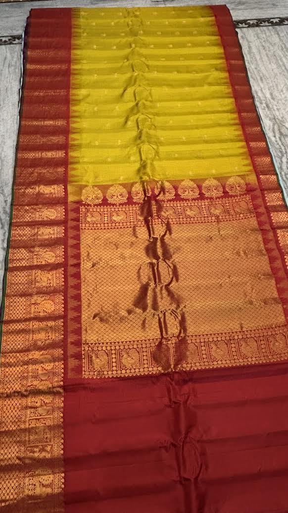 Pure Gadwal Silk Saree in Mustard Yellow Checks with Rich Red Zari Border - pochampallysarees.com