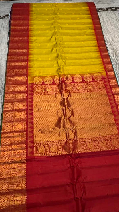 Pure Gadwal Silk Saree in Mustard Yellow Checks with Rich Red Zari Border - pochampallysarees.com
