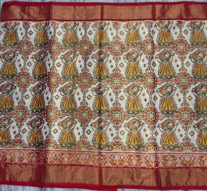 Pochampally Ikat Silk Tissue Patola Saree with Red &amp; Gold Zari Border