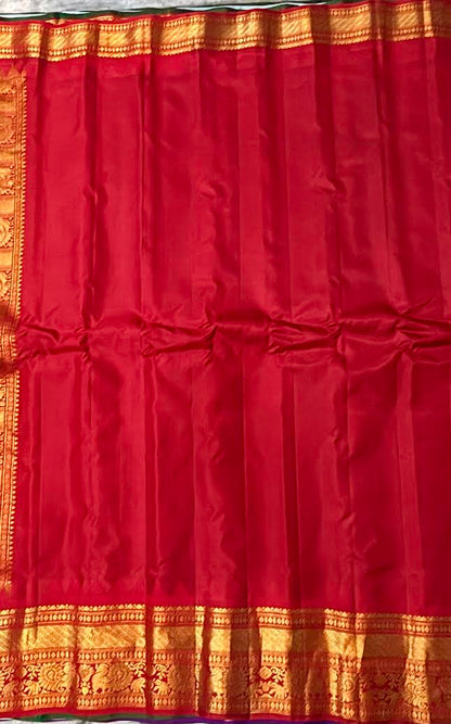 Pure Gadwal Silk Saree in Jet Black Checks with Rich Red Zari Border - pochampallysarees.com
