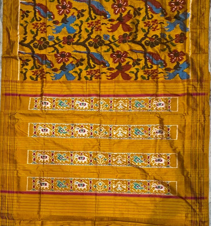 Vibrant Yellow Floral Silk Ikkat Patola Saree | Haldi &amp; Festive Wear - pochampallysarees.com