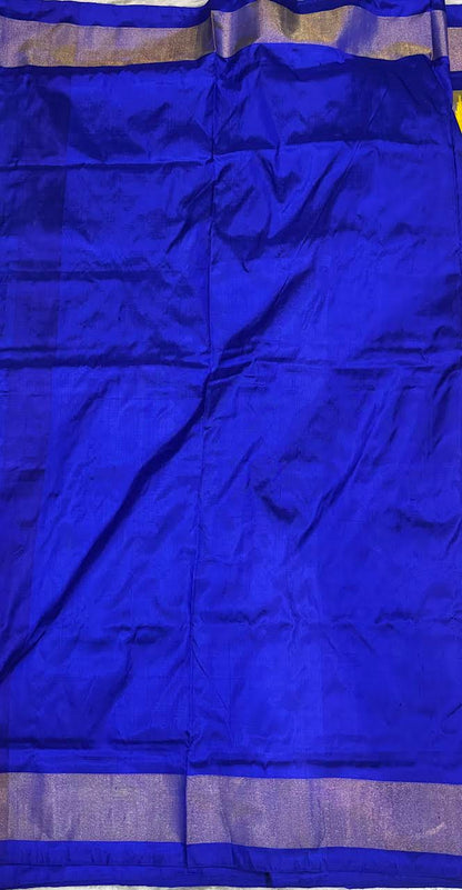Yellow and Royal Blue Pochampally Ikkat Pure Silk Saree with Zari Border