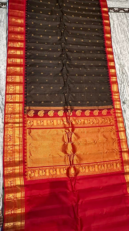 Pure Gadwal Silk Saree in Jet Black Checks with Rich Red Zari Border - pochampallysarees.com