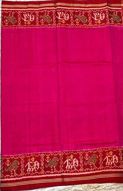 Vibrant Magenta Pure Real Patola Silk Saree with Red Elephant Motif Border