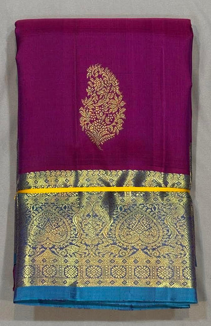 Authentic Pure Kanchipuram Pattu Saree | Purple &amp; Blue - pochampallysarees.com