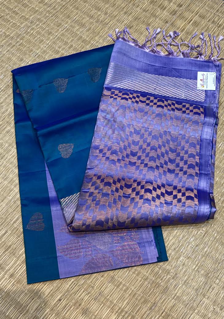 Kanchi Soft Silk Saree in Teal Blue and Lavender