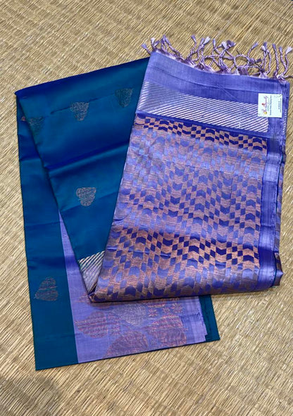Kanchi Soft Silk Saree in Teal Blue and Lavender