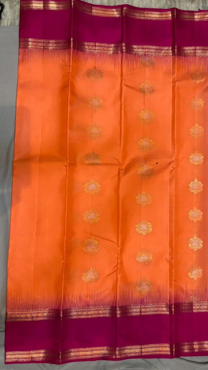 Authentic Orange Kanchipuram Silk Saree with Contrast Pink Zari Border - pochampallysarees.com