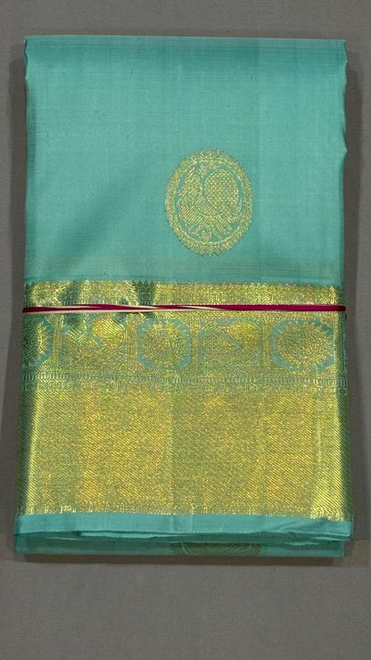 Light Blue Pure Kanchipuram Pattu Saree with Gold Zari | Authentic Kanchi Sarees - pochampallysarees.com