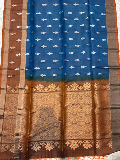 PURE SOFT SILK SAREE BLUE AND BROWN WITH ALLOVER BUTTI DESIGN WEAVES IN BORDER AND PALLU TISSUE STYLE - pochampallysarees.com