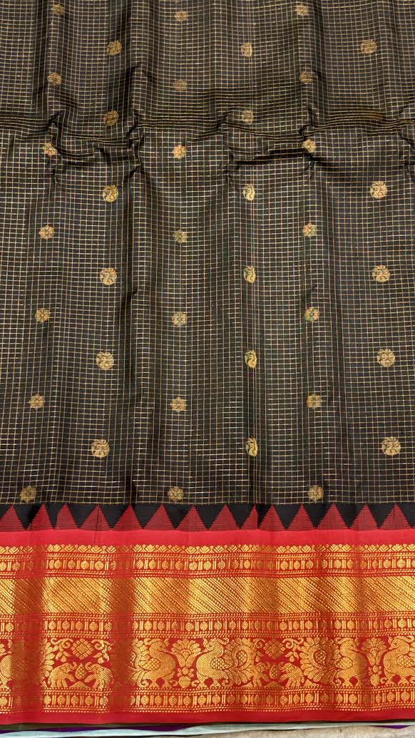 Pure Gadwal Silk Saree in Jet Black Checks with Rich Red Zari Border - pochampallysarees.com