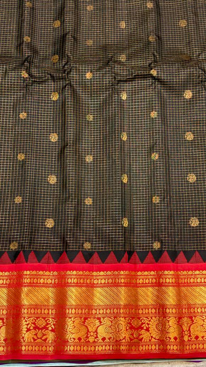 Pure Gadwal Silk Saree in Jet Black Checks with Rich Red Zari Border - pochampallysarees.com