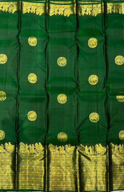 Traditional Emerald Green Pure Kanchi Pattu Saree with Gold Zari - pochampallysarees.com