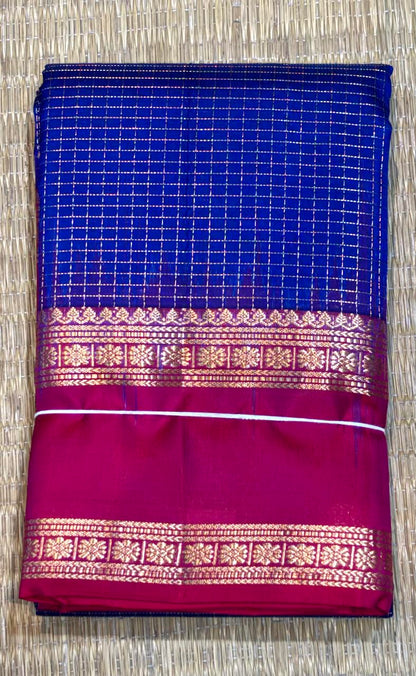 Blue Kanchi Silk Saree with Red zari Checks Pallu &amp; Blouse