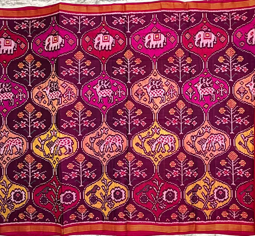 Pure Real Patola Silk Saree in Magenta with Traditional Elephant &amp; Floral Motifs