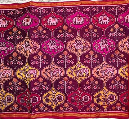 Pure Real Patola Silk Saree in Magenta with Traditional Elephant &amp; Floral Motifs