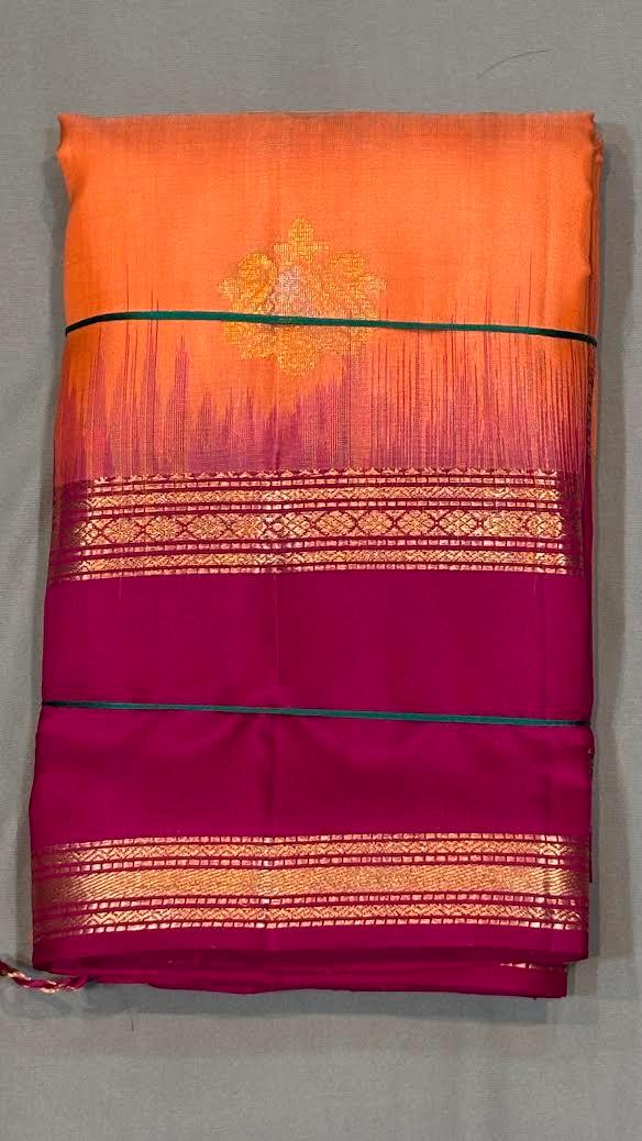 Authentic Orange Kanchipuram Silk Saree with Contrast Pink Zari Border - pochampallysarees.com