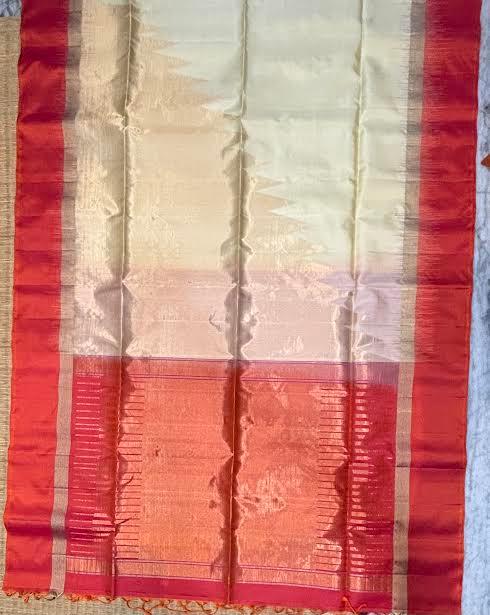 Authentic Cream &amp; Orange Kanchi Soft Silk Saree