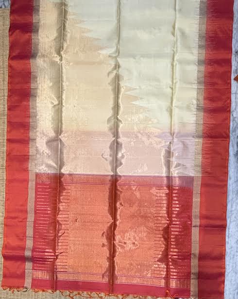 Authentic Cream &amp; Orange Kanchi Soft Silk Saree