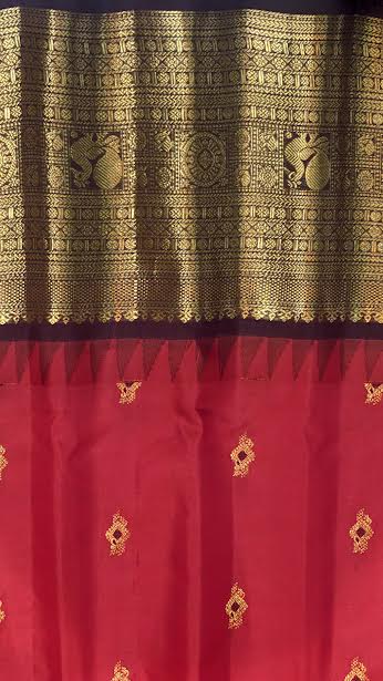 Crimson Red &amp; Chocolate Brown Gadwal Silk Saree with Heavy Gold Zari Border - pochampallysarees.com