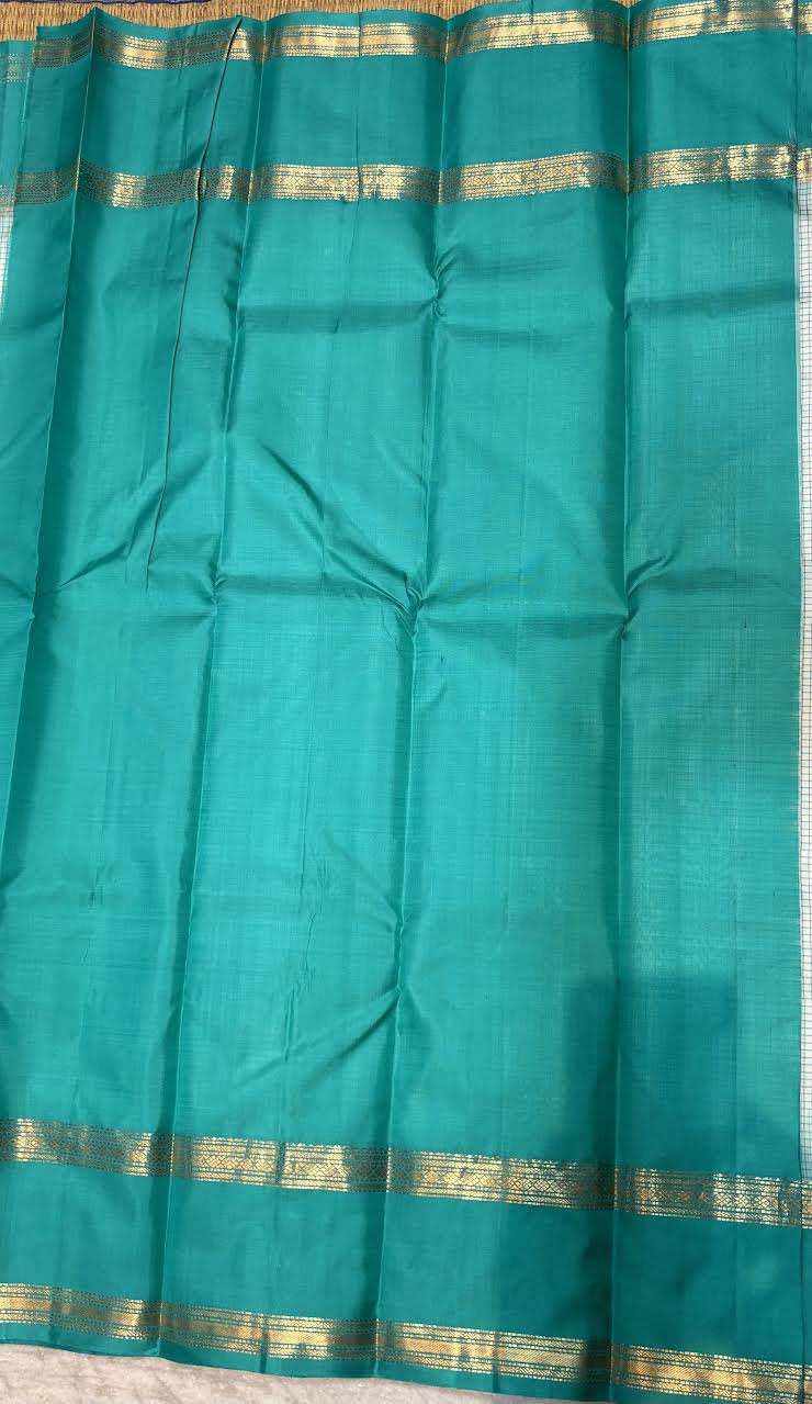 Light Blue &amp; Emerald Green Kanchi Silk Saree with Checked Body &amp; Zari Border