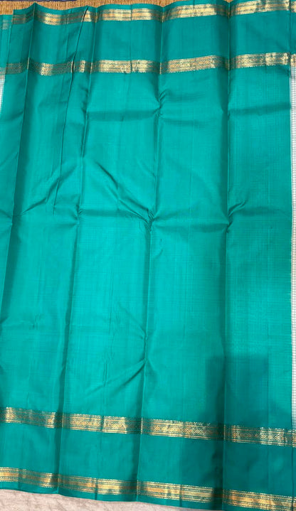 Light Blue &amp; Emerald Green Kanchi Silk Saree with Checked Body &amp; Zari Border