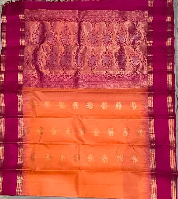 Authentic Orange Kanchipuram Silk Saree with Contrast Pink Zari Border - pochampallysarees.com