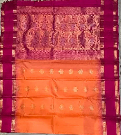 Authentic Orange Kanchipuram Silk Saree with Contrast Pink Zari Border - pochampallysarees.com