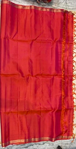 Kanchi Soft Silk Cream Saree with Contrast Red Gold Zari Brocade Pallu